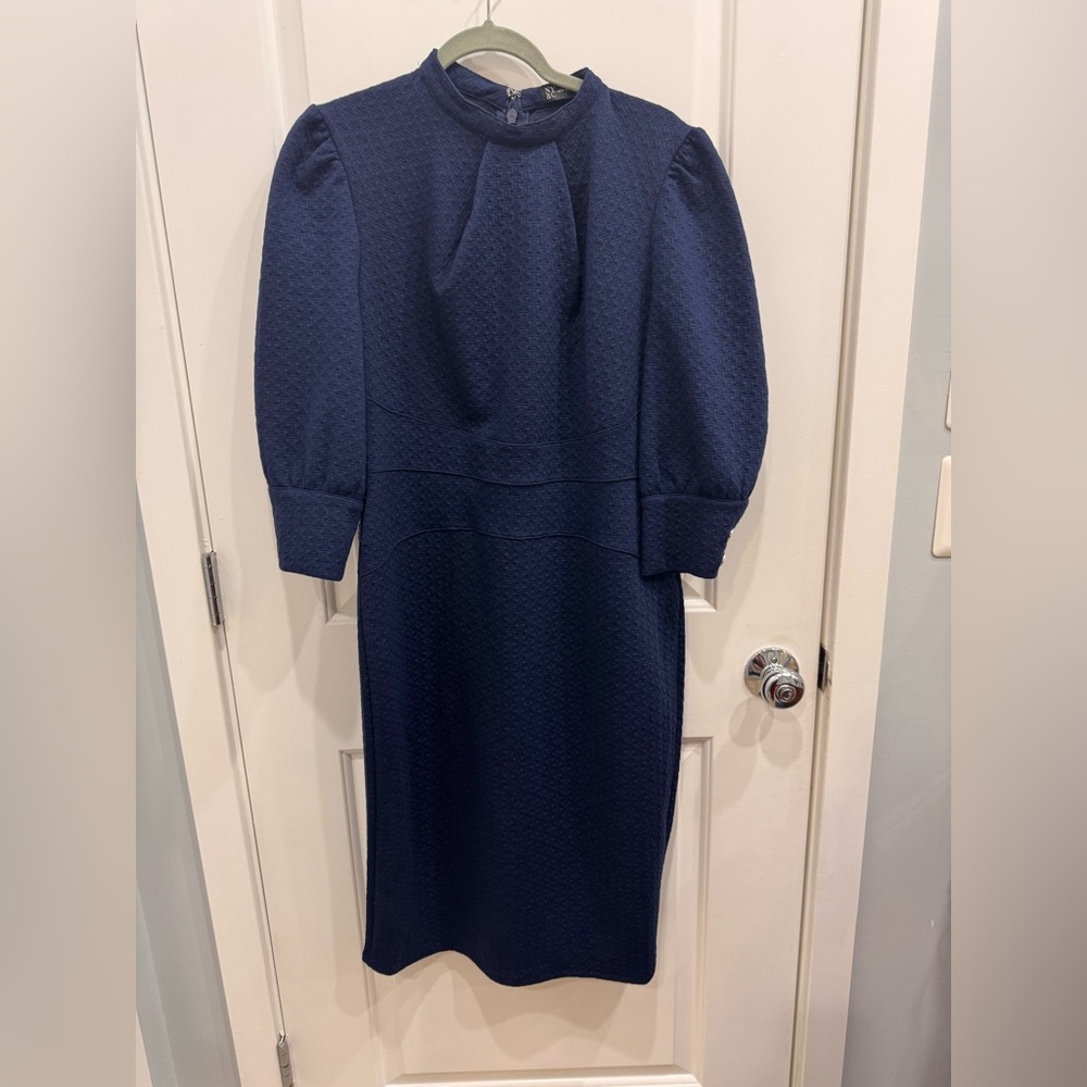New York & Company Textured Navy Long Sleeve Dress